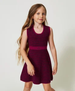 Kurzes Kleid Aus Jacquard-Strick Mit Hahnentrittmuster