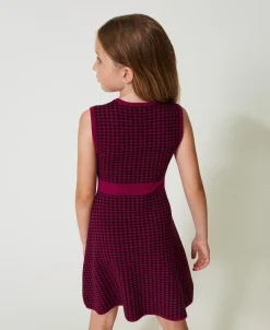 Kurzes Kleid Aus Jacquard-Strick Mit Hahnentrittmuster
