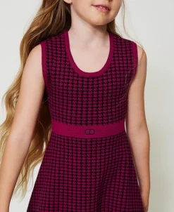 Kurzes Kleid Aus Jacquard-Strick Mit Hahnentrittmuster