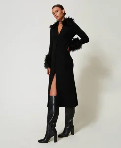 Langes Cardigankleid Aus Wollmischung Und Pelzimitat