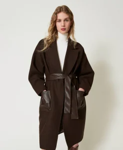 Mantel Aus Wollmischung Mit Taschen Aus Lederimitat