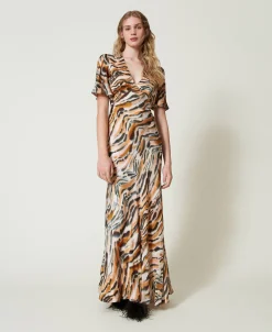 Maxikleid Aus Satin Mit Animaldessin
