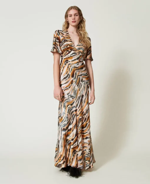 Maxikleid Aus Satin Mit Animaldessin