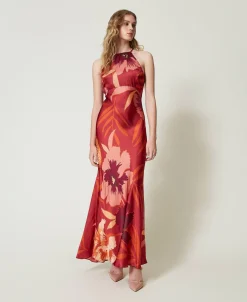 Maxikleid Aus Satin Mit Blumendessin Und Amerikanischer Schulter