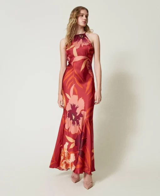 Maxikleid Aus Satin Mit Blumendessin Und Amerikanischer Schulter