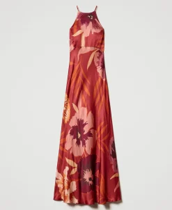 Maxikleid Aus Satin Mit Blumendessin Und Amerikanischer Schulter