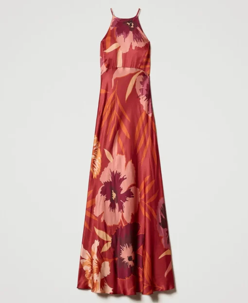 Maxikleid Aus Satin Mit Blumendessin Und Amerikanischer Schulter