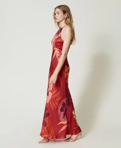 Maxikleid Aus Satin Mit Blumendessin Und Amerikanischer Schulter