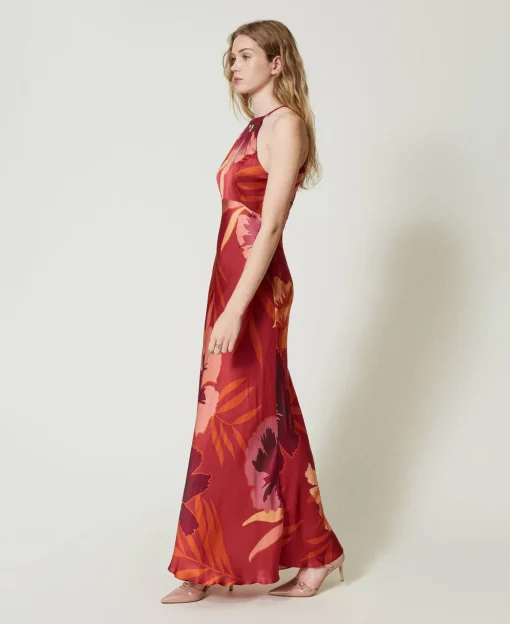 Maxikleid Aus Satin Mit Blumendessin Und Amerikanischer Schulter