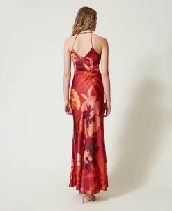 Maxikleid Aus Satin Mit Blumendessin Und Amerikanischer Schulter