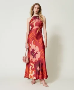 Maxikleid Aus Satin Mit Blumendessin Und Amerikanischer Schulter
