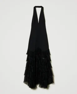 Maxi-Neckholderkleid Mit Plissierten Tüllvolants