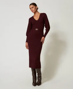 Maxi-Strickkleid Mit Rippenmuster Und Gürtel
