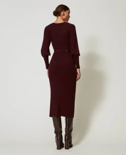 Maxi-Strickkleid Mit Rippenmuster Und Gürtel