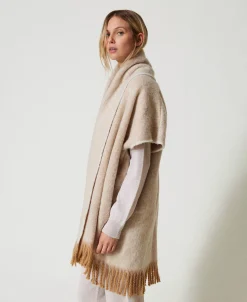 Melierter Poncho Mit Fransen