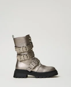 Metallic-Schnürstiefelette Mit Riemen