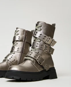 Metallic-Schnürstiefelette Mit Riemen
