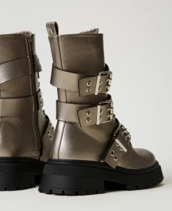Metallic-Schnürstiefelette Mit Riemen