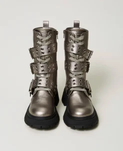 Metallic-Schnürstiefelette Mit Riemen