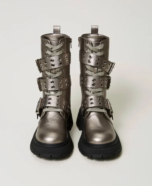 Metallic-Schnürstiefelette Mit Riemen
