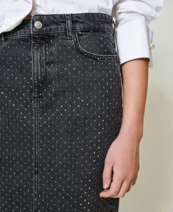 Midi-Jeansrock Mit Strass