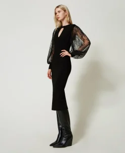 Midikleid Aus Gestrick Und Spitze