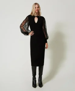Midikleid Aus Gestrick Und Spitze