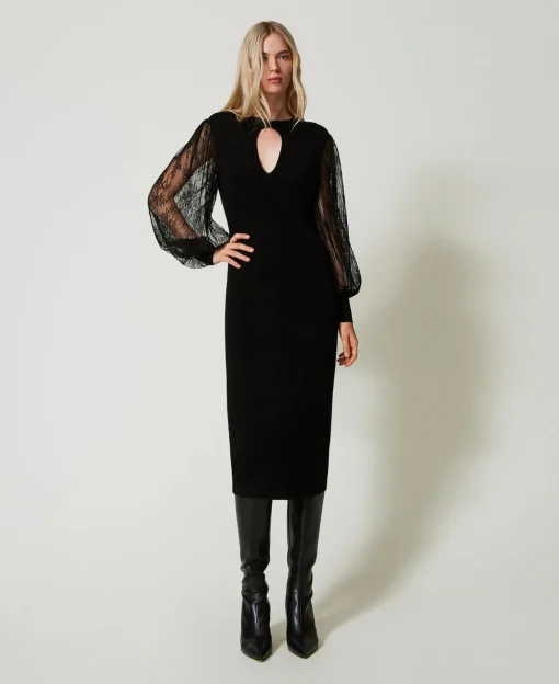 Midikleid Aus Gestrick Und Spitze