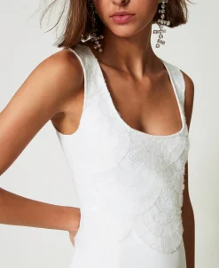 Midikleid Aus Krepp Mit Stickereien
