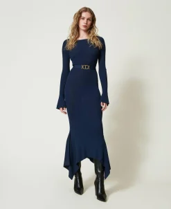 Midi-Strickkleid Mit Gürtel Und Volant