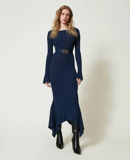 Midi-Strickkleid Mit Gürtel Und Volant
