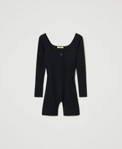 MYFO Kurz-Jumpsuit Mit Rippenmuster Und Logo