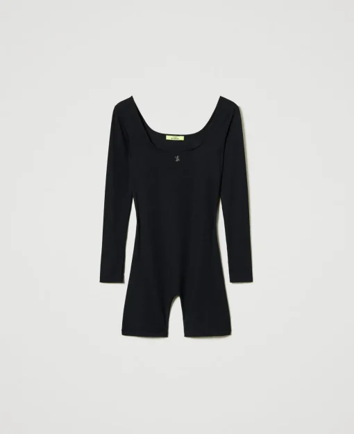 MYFO Kurz-Jumpsuit Mit Rippenmuster Und Logo