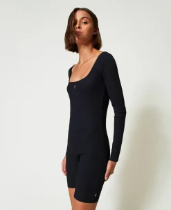 MYFO Kurz-Jumpsuit Mit Rippenmuster Und Logo