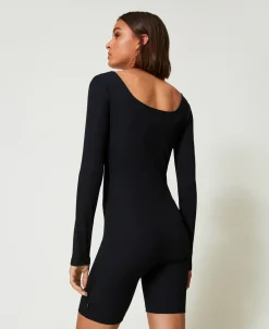 MYFO Kurz-Jumpsuit Mit Rippenmuster Und Logo