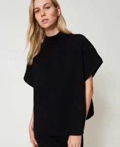 Poncho-Pullover Mit Rippenmuster