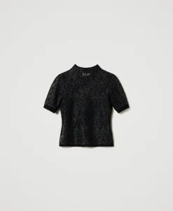 Stehkragenpullover Aus Jacquard In Spitzenoptik