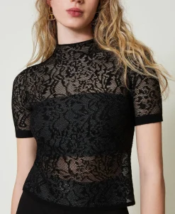 Stehkragenpullover Aus Jacquard In Spitzenoptik