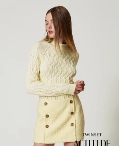 Stehkragenpullover Aus Wollmischung Mit Zopfmuster