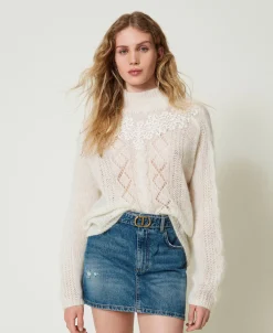 Stehkragenpullover Aus Wolle Und Mohair Mit Spitze