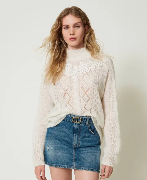 Stehkragenpullover Aus Wolle Und Mohair Mit Spitze