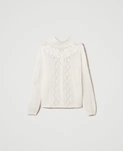 Stehkragenpullover Aus Wolle Und Mohair Mit Spitze
