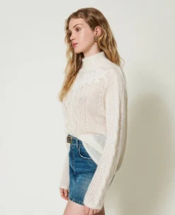 Stehkragenpullover Aus Wolle Und Mohair Mit Spitze