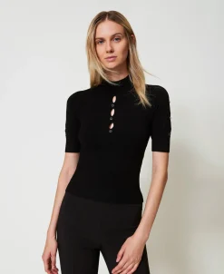 Stehkragenpullover Mit Cut-outs Und Nieten