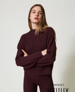 Stehkragenpullover Mit Zopfmuster Und Strass