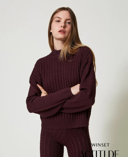 Stehkragenpullover Mit Zopfmuster Und Strass