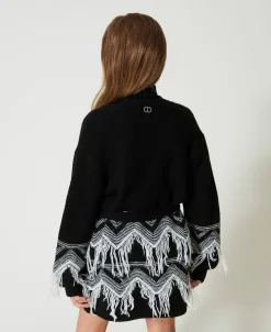 Strickmantel Aus Wollmischgarn Mit Fransen