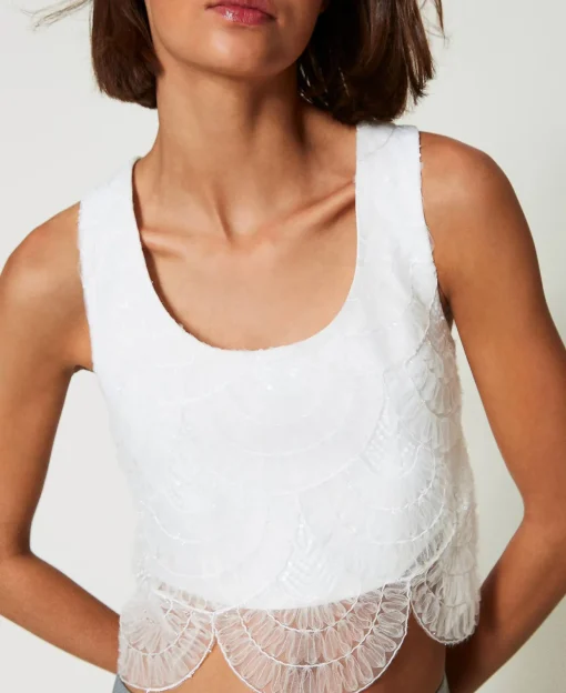 Top Aus Crêpe-Cady Und Besticktem Organza