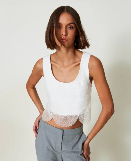 Top Aus Crêpe-Cady Und Besticktem Organza