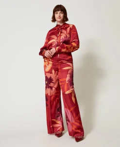 Wide-Leg-Hose Aus Satin Mit Blumendessin